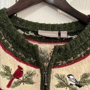 Cardinal and Chickadee Winter Bird Zip-up Sweaters In Green, Red, And Cream